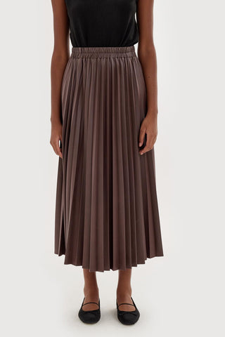 Pleated Leather Skirt Brown