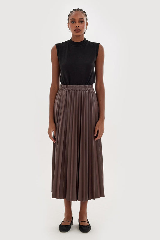 Pleated Leather Skirt Brown