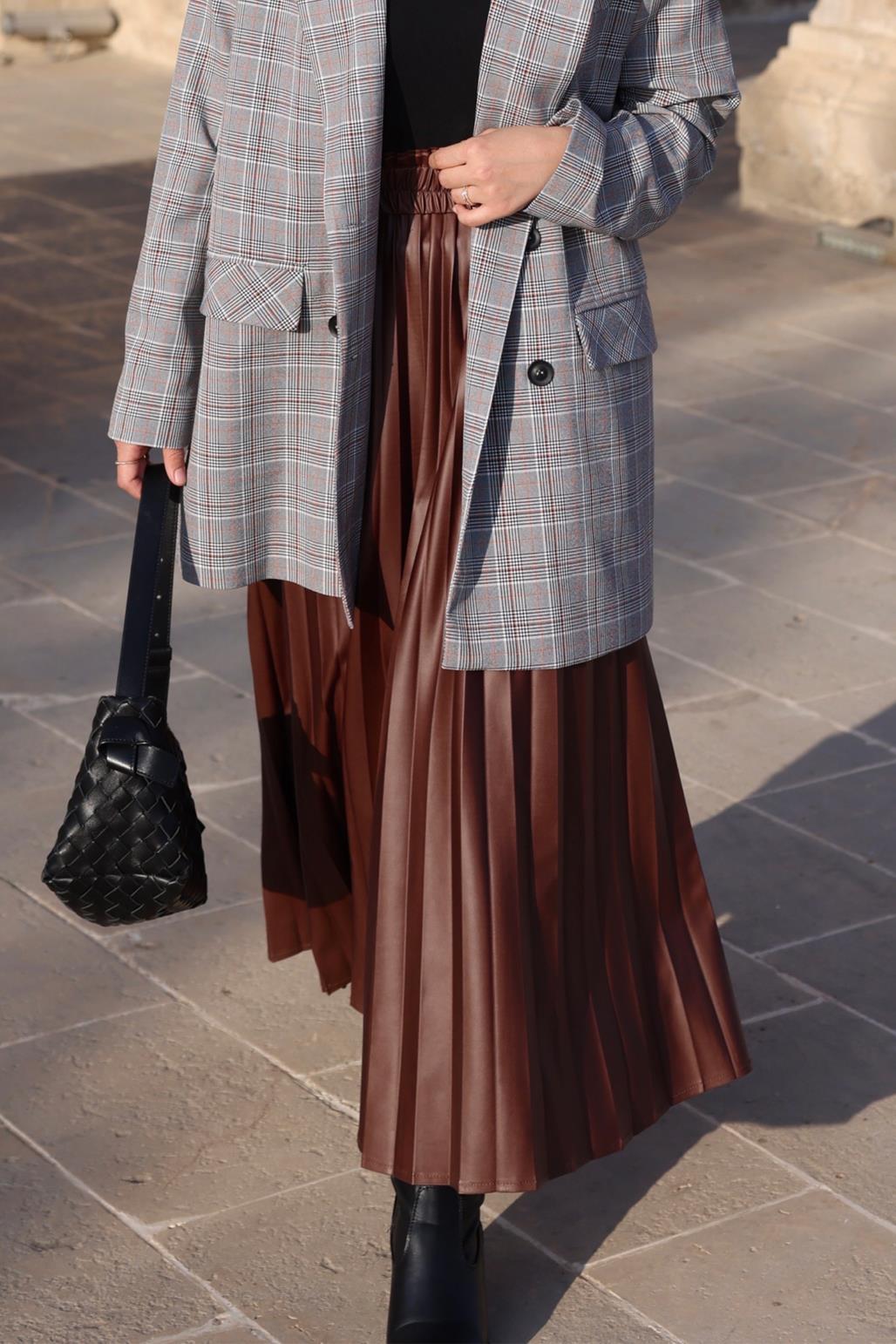 Pleated Leather Skirt Brown