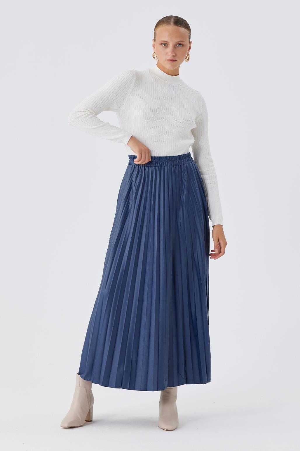 Pleated Leather Skirt Navy Blue