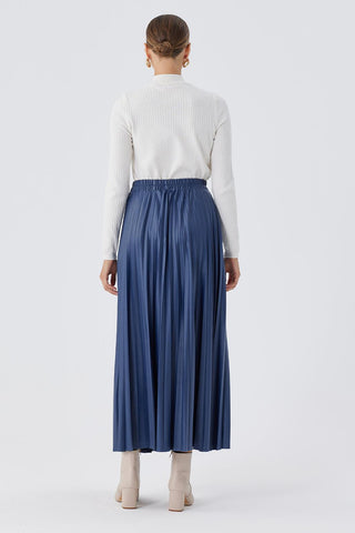 Pleated Leather Skirt Navy Blue