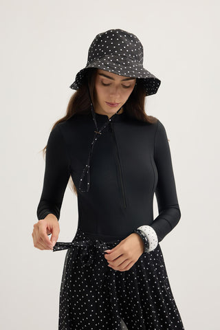 Printed Tie-Up Bucket Hat Black Polka Dot