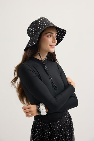 Printed Tie-Up Bucket Hat Black Polka Dot