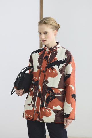 Patterned Mandarin Collar Quilted Jacket Brown