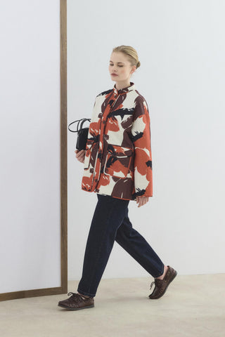 Patterned Mandarin Collar Quilted Jacket Brown