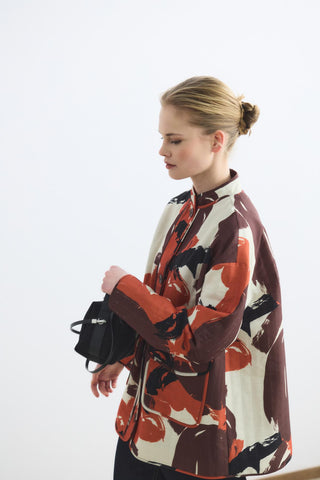 Patterned Mandarin Collar Quilted Jacket Brown