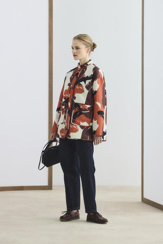 Patterned Mandarin Collar Quilted Jacket Brown