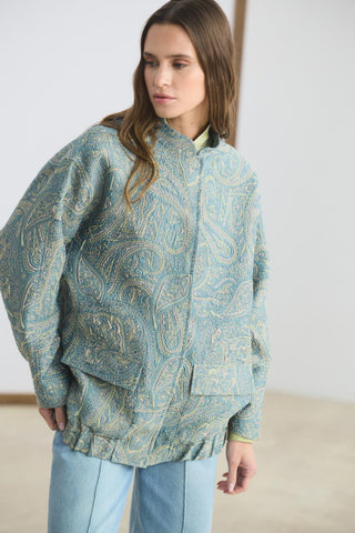 Patterned Jacquard Bomber Jacket Light Blue