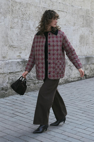 Printed Quilted Jacket with Velvet Collar Burgundy