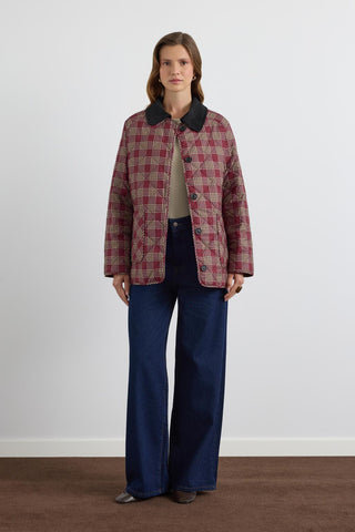 Printed Quilted Jacket with Velvet Collar Burgundy