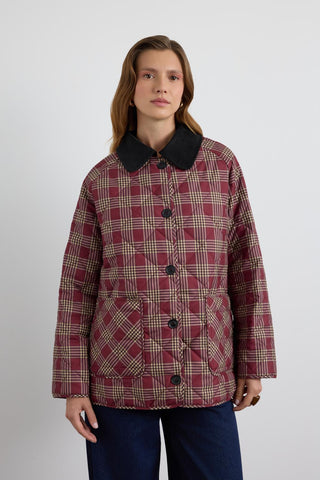 Printed Quilted Jacket with Velvet Collar Burgundy