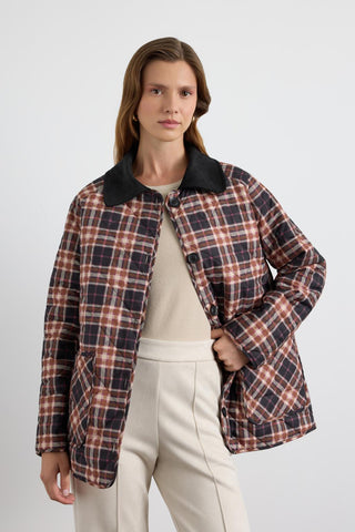 Printed Quilted Jacket with Velvet Collar Brown