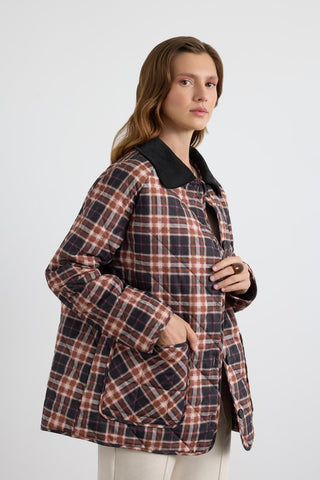 Printed Quilted Jacket with Velvet Collar Brown