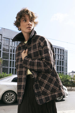 Printed Quilted Jacket with Velvet Collar Black