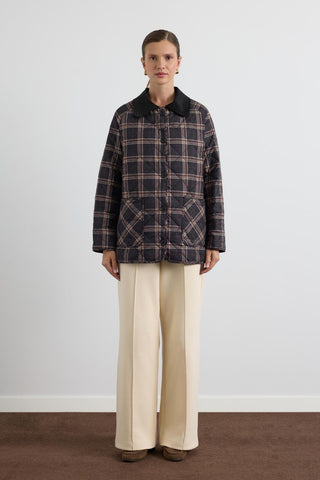 Printed Quilted Jacket with Velvet Collar Black