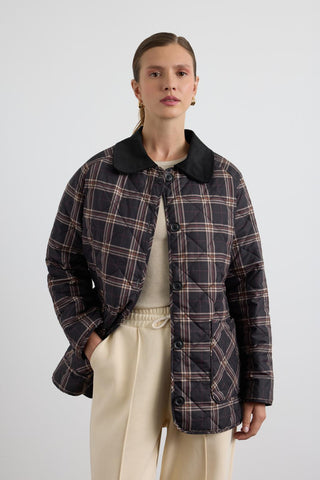 Printed Quilted Jacket with Velvet Collar Black