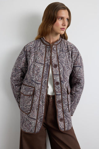 Quilted Jacket with Patterned Contrast Piping Brown