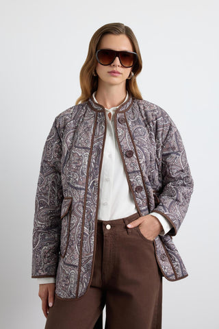 Quilted Jacket with Patterned Contrast Piping Brown