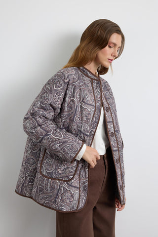 Quilted Jacket with Patterned Contrast Piping Brown