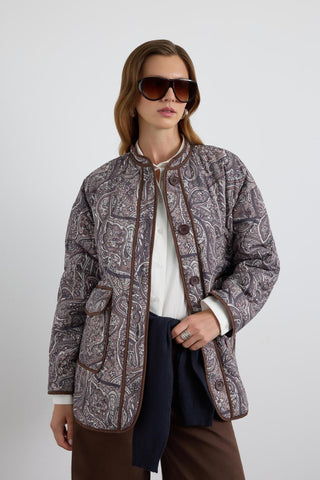 Quilted Jacket with Patterned Contrast Piping Brown