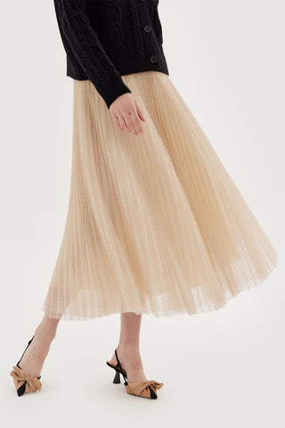 Patterned Pleated Tulle Skirt Beige