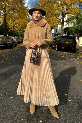 Patterned Pleated Tulle Skirt Beige