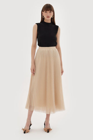 Patterned Pleated Tulle Skirt Beige