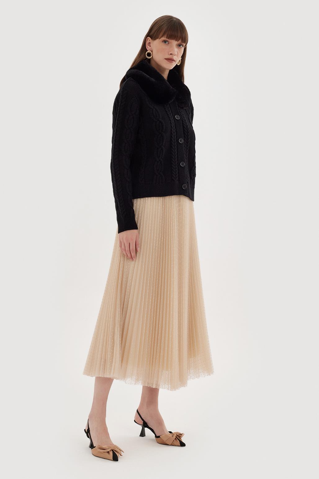 Patterned Pleated Tulle Skirt Beige