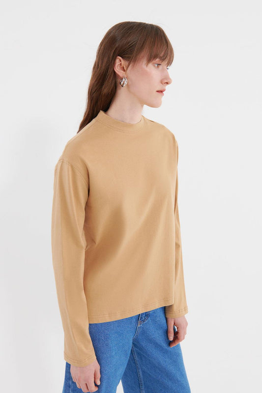 Sheer Neckline Basic Long Sleeve Cotton Blouse Camel