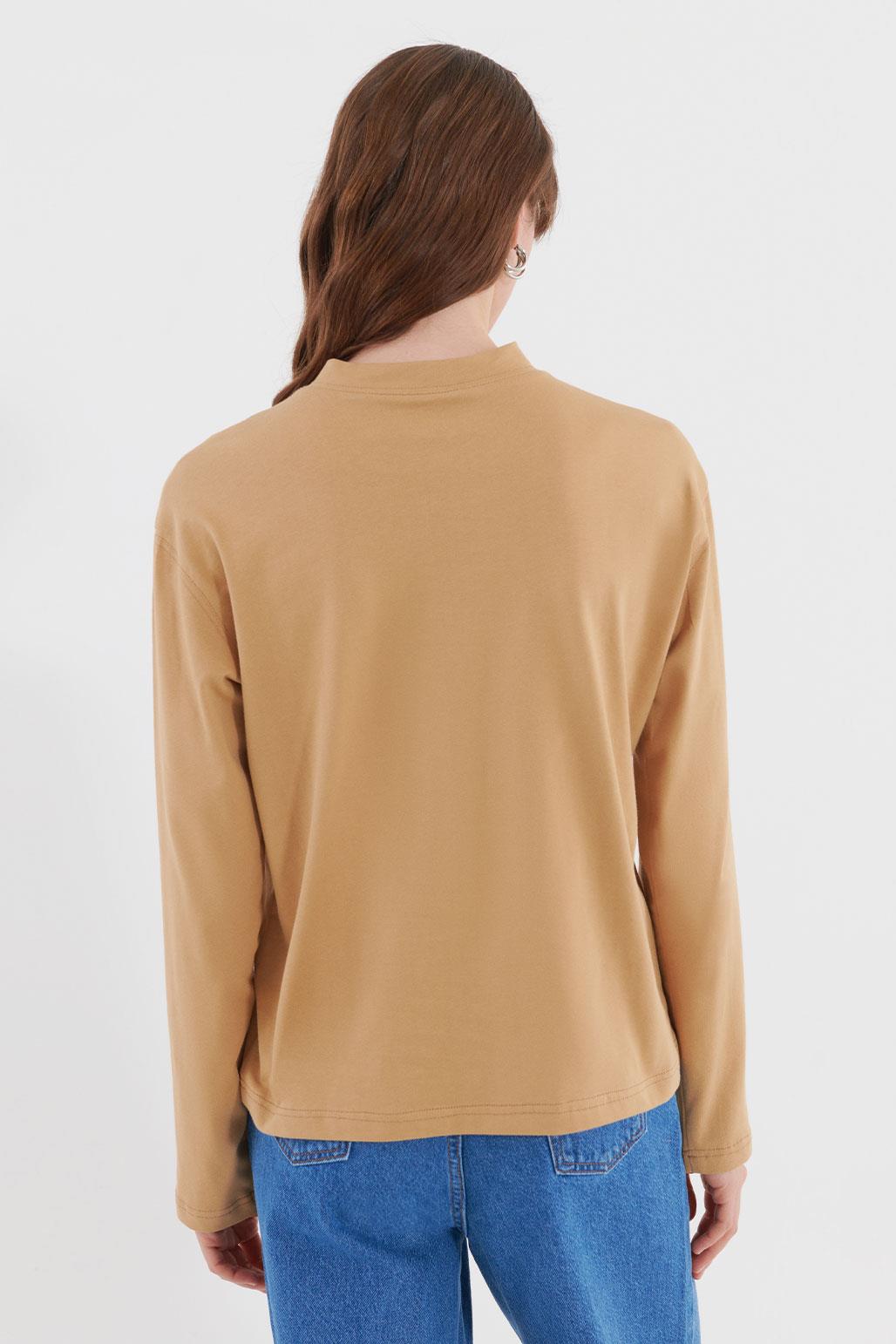 Sheer Neckline Basic Long Sleeve Cotton Blouse Camel