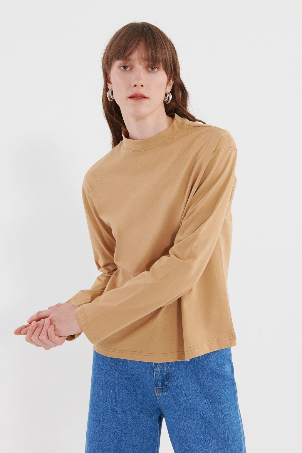 Sheer Neckline Basic Long Sleeve Cotton Blouse Camel