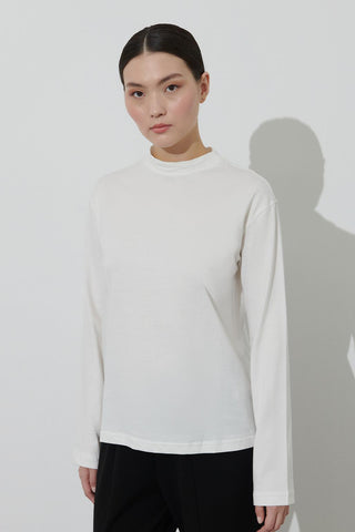 Sheer Neckline Basic Long Sleeve Cotton Blouse Ecru