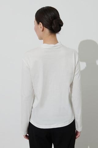 Sheer Neckline Basic Long Sleeve Cotton Blouse Ecru