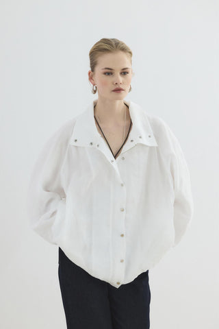 High Neck Gathered Bomber Jacket Ecru