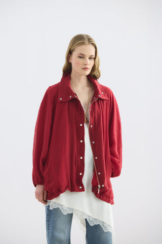 High Neck Gathered Bomber Jacket Red