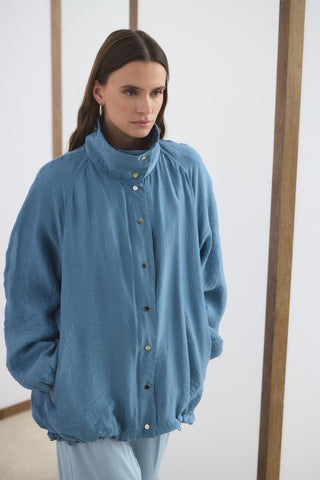 High Neck Gathered Bomber Jacket Blue