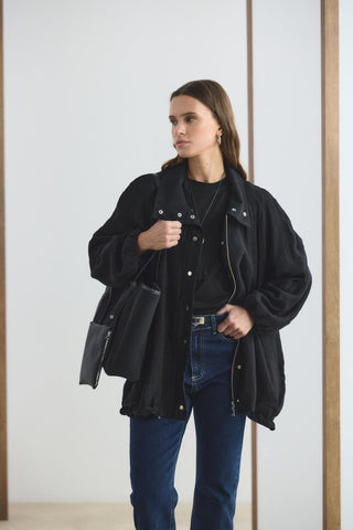 High Neck Gathered Bomber Jacket Black