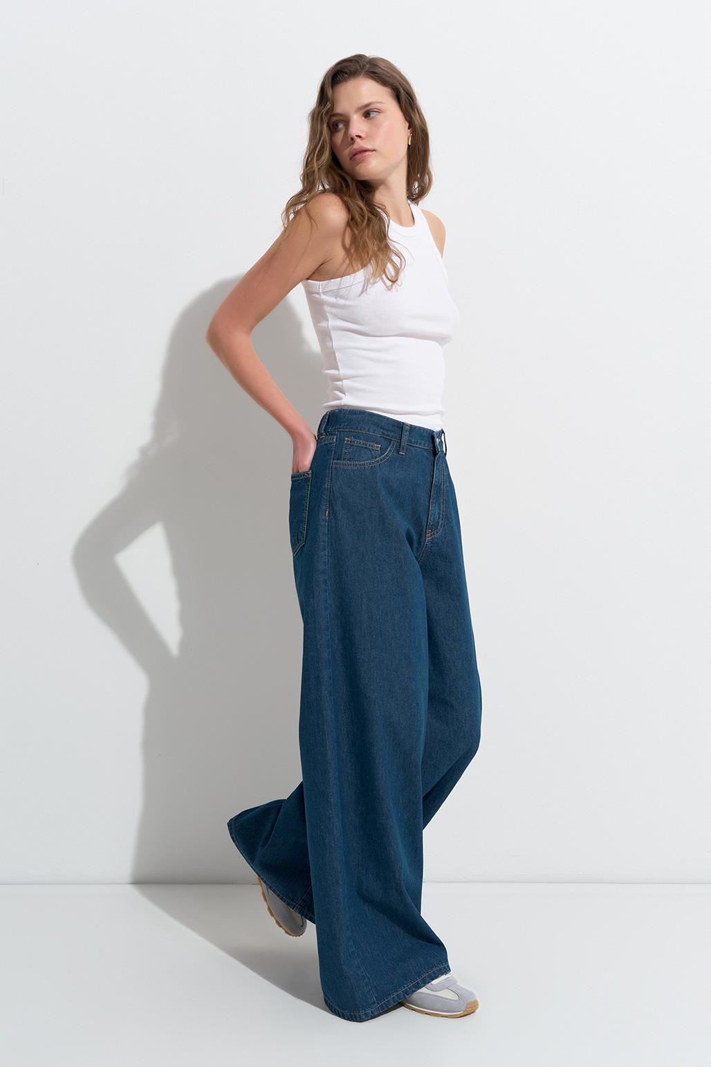 Draped Loose Denim Jeans Dark Blue