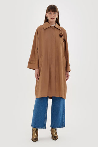 Draped Embroidered Trench Brown