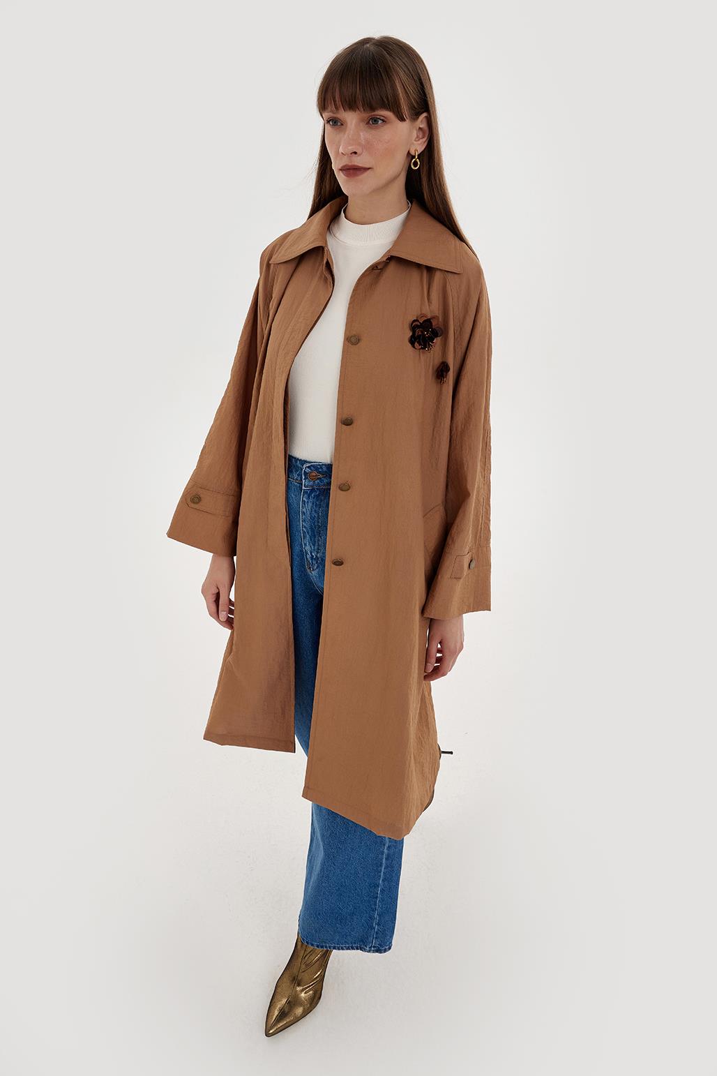 Draped Embroidered Trench Brown