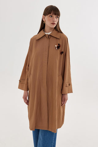 Draped Embroidered Trench Brown