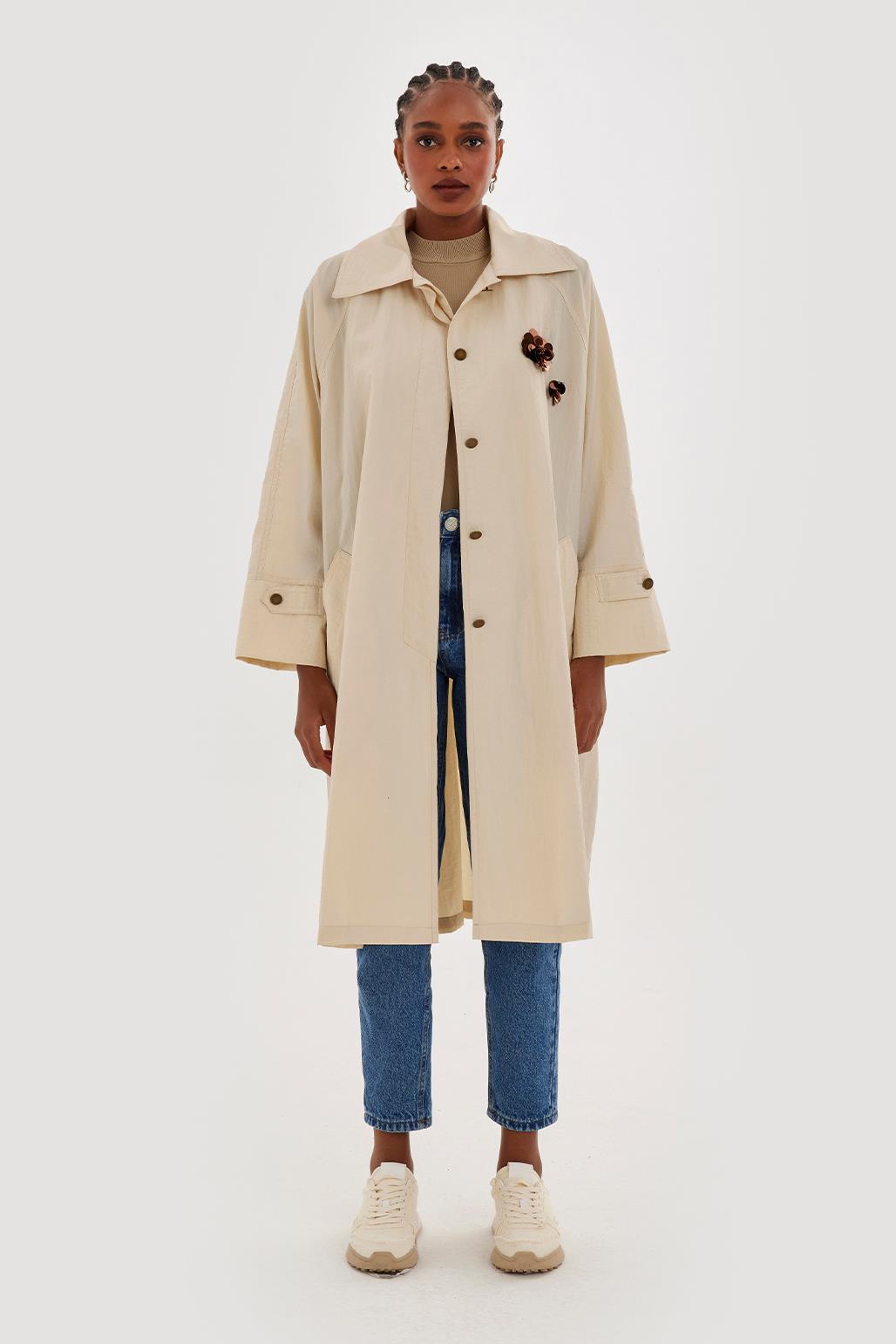 Draped Embroidered Trench Bone