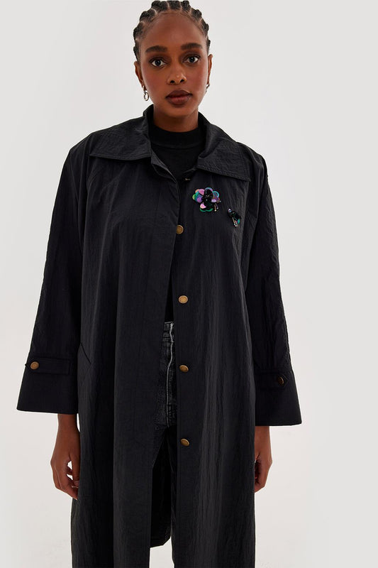 Draped Embroidered Trench Black