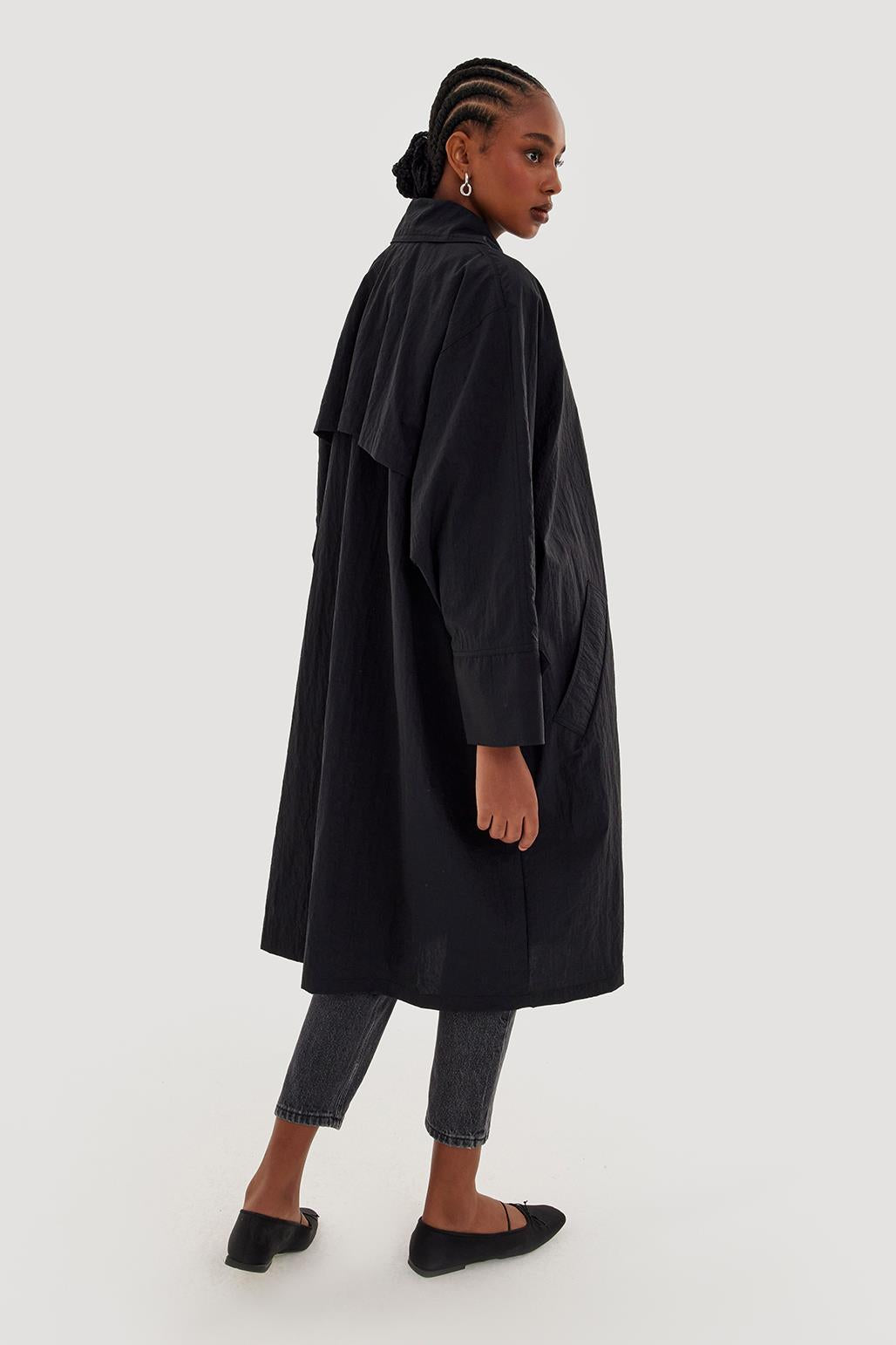 Draped Embroidered Trench Black