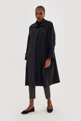 Draped Embroidered Trench Black