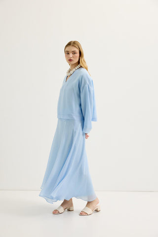 Draped V-Neck Tencel Blouse & Skirt Set Light Blue