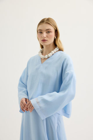 Draped V-Neck Tencel Blouse & Skirt Set Light Blue