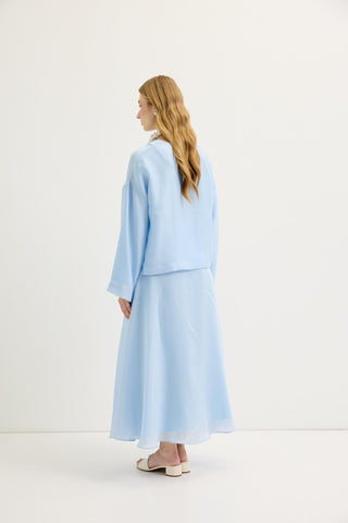 Draped V-Neck Tencel Blouse & Skirt Set Light Blue