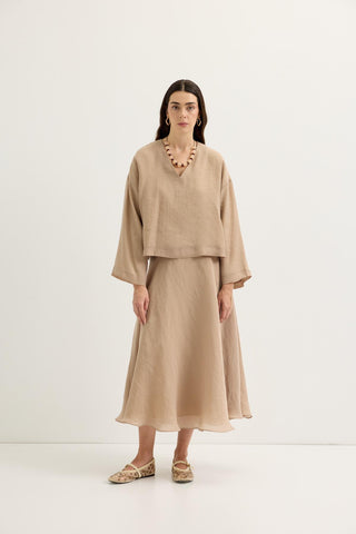 Draped V-Neck Tencel Blouse & Skirt Set Taupe