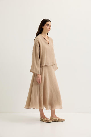 Draped V-Neck Tencel Blouse & Skirt Set Taupe